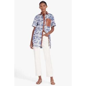 Staud Mini Shirt Dress Toile Print Blue Faux Leather Cognac Switch Collar Small
